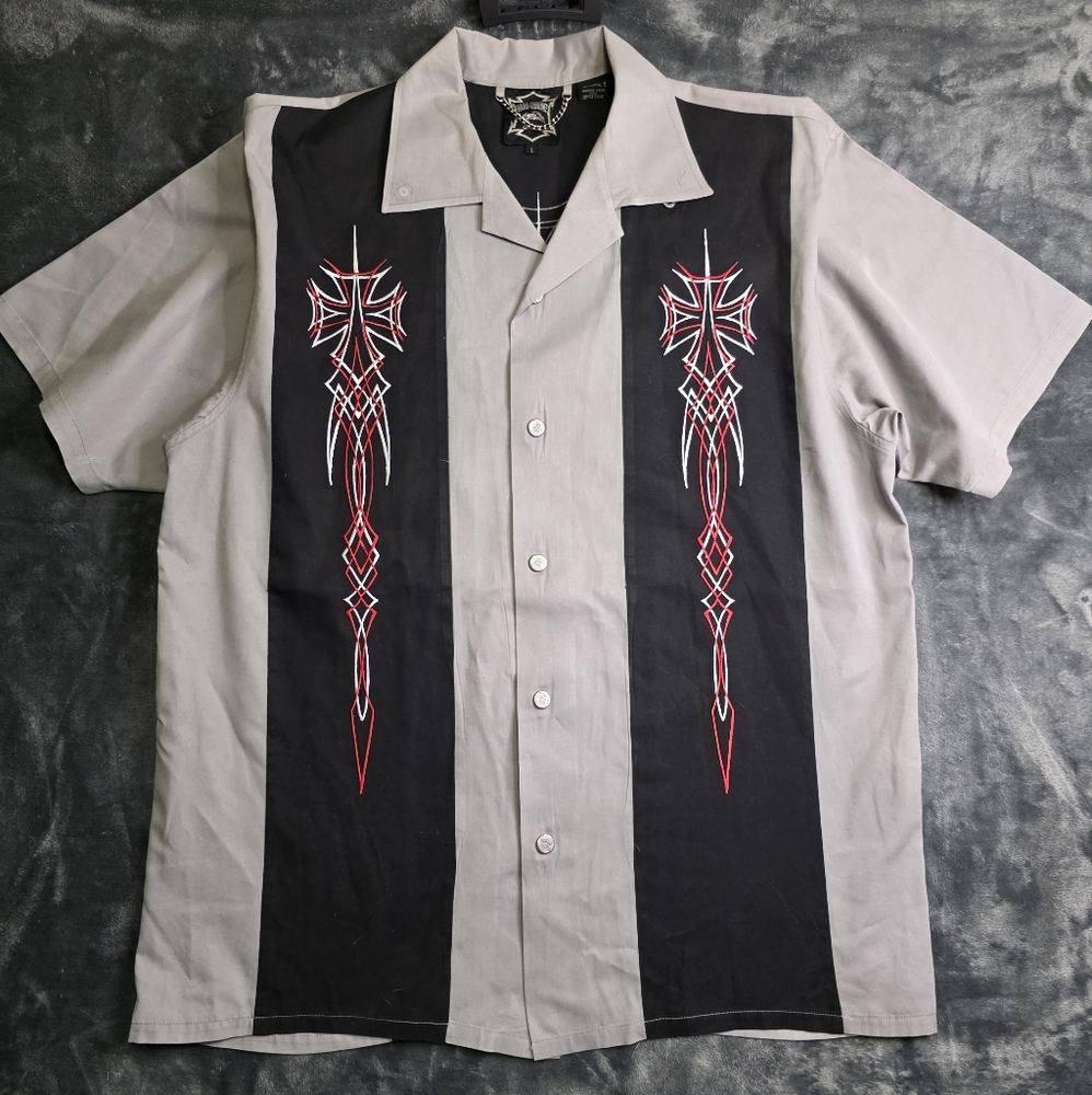 Casual Black and Gray Button Down Shirt with Geometric Design
